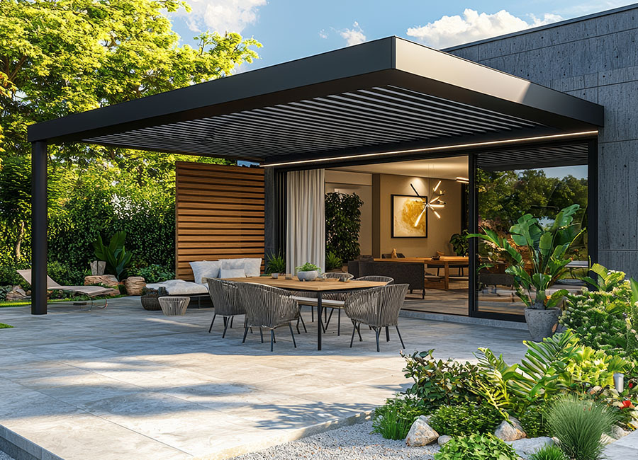 Pergolas ombrageant une magnifique terrasse en pierre, arborée, devançant une superbe maison d'architecte