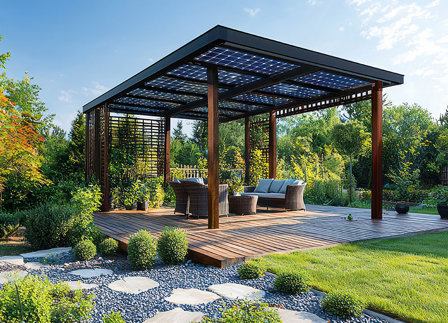 Pergolas surplombant un îlot de bois au milieu d'un jardin magnifiquement arboré