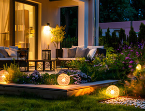 Éclairages extérieurs devant une maison, sur la terrasse et dans le jardin